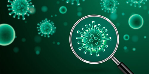 stock image of covid-19 virus closeup with magnifying glass